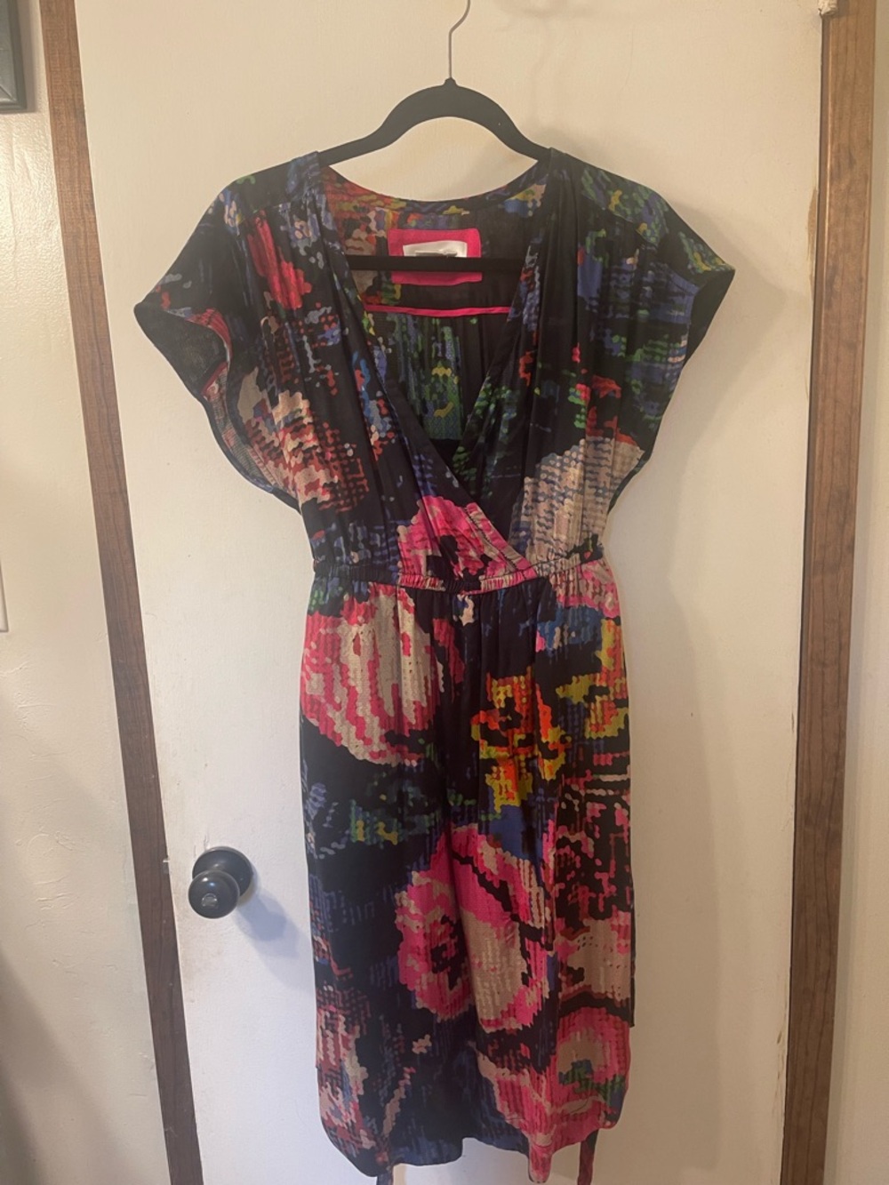 Anthropologie Black Multicolor Pixel Floral Midi Dress Sz. XS #145